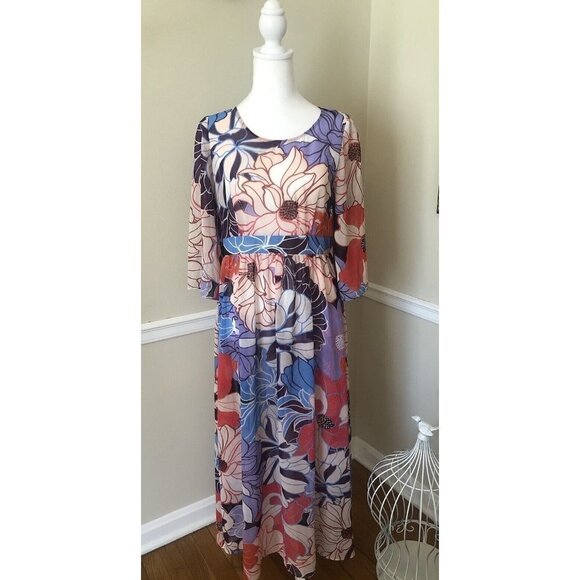 NWOT Molly Bracken Size S Bright Floral Maxi Dress Sheer 3/4 Sleeve Boho Retro - Picture 1 of 6